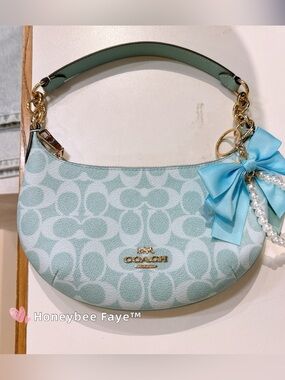 Coach Mini Payton Signature Crescent Shoulder Bag with Blue Bow Charm